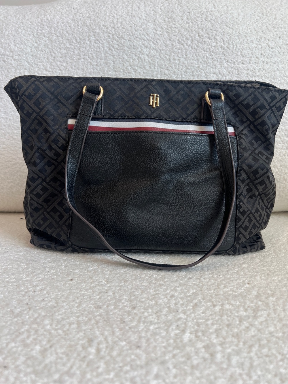 Tommy Hilfiger Black Tote with Tricolor Stripe and Gold Logo